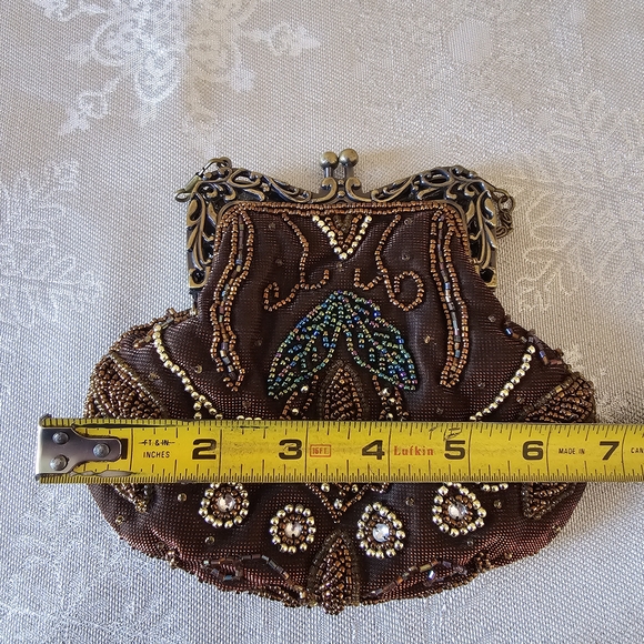 Brown Beaded Evening Bag Clutch Crossbody Detachable Strap Bridal Party Festival - Picture 4 of 10